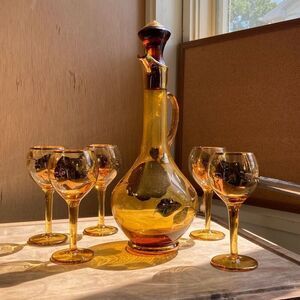 Vintage 50's Bohemian Amber Glass 22K Guilded Floral Rose Cruet Decanter & 5 Ste